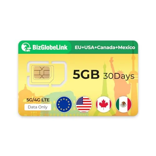 EIOTCLUB BizGlobeLink - Tarjeta SIM prepaga para viajes, uso internacional en Estados Unidos, Canadá y México, solo datos, 5G/4G LTE, sin contrato, recargable, para teléfonos móviles, routers wifi y