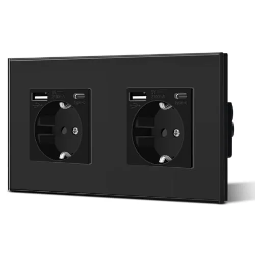 BSEED Enchufe Doble con USB C,Enchufes Pared con Cristal,Schuko Enchufe Simple 16A 250V,Toma de Corriente para Cocina,Dormitorio,Oficina,Hotel,M Serie,2 Enchufes con USB y Tipo C,157mm Negro