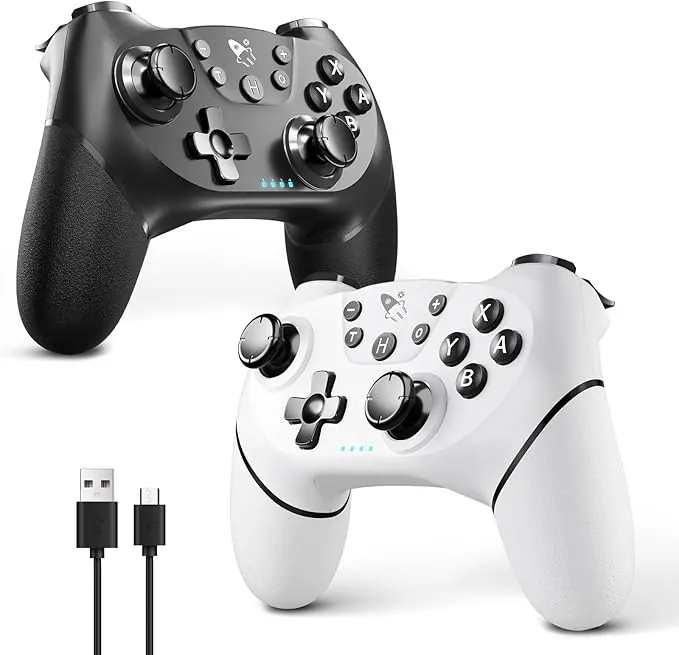 AceGamer 2pcs Mando inalámbrico para Switch 2/Switch/Lite/OLED, Mando para Switch Pro con función de despertador con un botón/vibración/turbo/pantalla(Blanco y Negro)