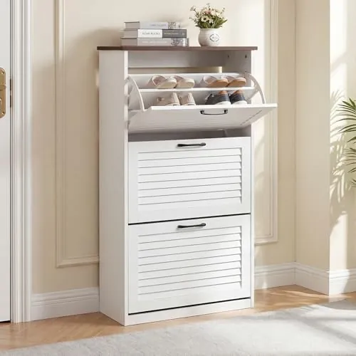BonVache - Mueble para zapatos de entrada, 3 puertas con asas de metal, equipado con una partición ajustable, armario para zapatos blanco, 122 x 62 x 65 cm, color blanco