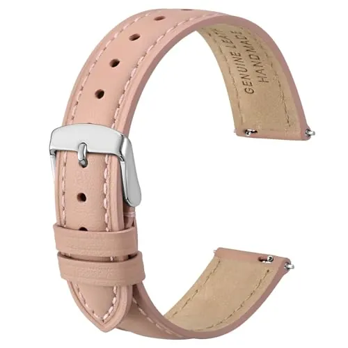 Anbeer 18mm Correa de reloj de cuero genuino plana y elegante,Correa de reloj de repuesto de liberación rápida,Rosa con hebilla plateada