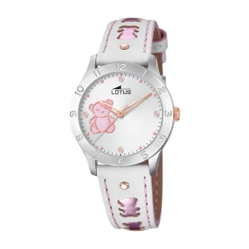 LOTUS Reloj Niña Analógico de Cuero Blanco - Movimiento de Cuarzo - Cristal Mineral de Alta Resistencia - Resistente al Agua 5 ATM - Clásico 18657/B - con Pulsera de Regalo - Junior Collection