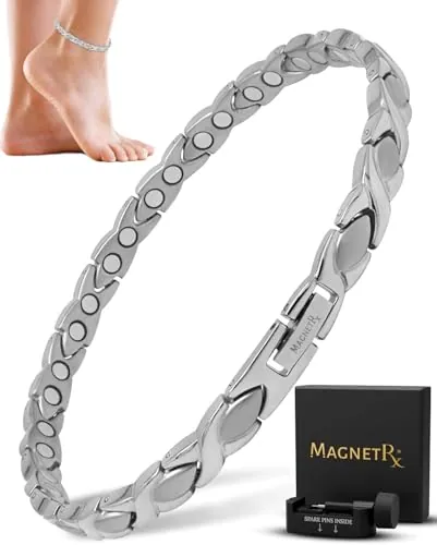 MagnetRX® Tobillera Magnética Terapéutica - Tobillera Mujer con Imanes Magnetoterapia para el Alivio de la Artritis -Tamaño Ajustable con Herramienta Incluida (Plateada)