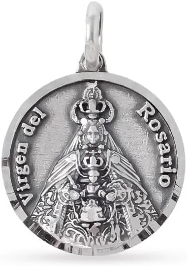 Virgen del Rosario de Cádiz Medalla Plata Ley 925m maciza 18mm. detalles tallados bisel liso