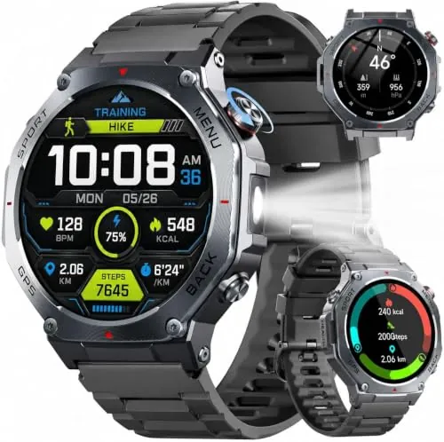 Jugeman Reloj Inteligente Hombre Militar con GPS y Linterna LED, Smartwatch | 5ATM,Brújula, llamadas Bluetooth Pulsómetro Sueño,1.43"AMOLED Reloj Deportivo 160+Modos Deportivos para IOS Android