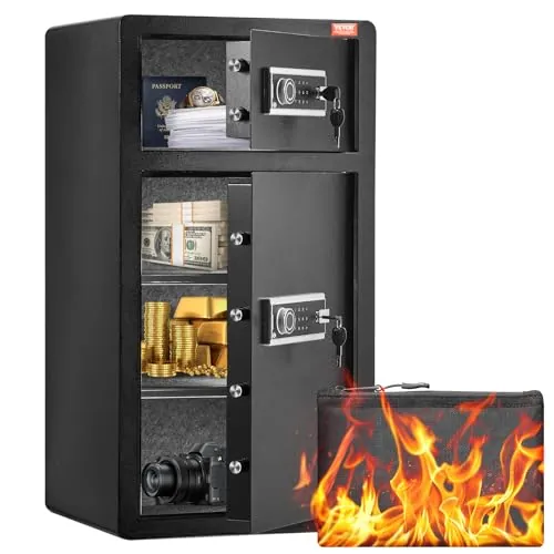 VEVOR Caja Fuerte de 203,88 L con Puertas Dobles, Cerradura con Llave y Contraseña, Bolsa Ignífuga, Estante para Llaves, Luz LED y 2 Divisores Ajustables y Extraíbles para Dinero, Documentos, Negro