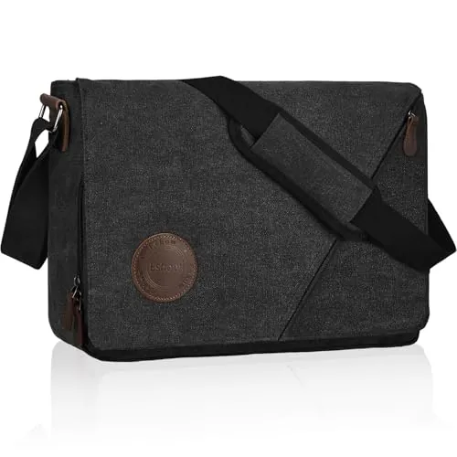 Eshow Bolsos Bandolera para Hombre, Bolso de Hombro Lona con Gran Capacidad, Mensajero Adecuado para Ordenador Portátil Trabajo Escuela Viaje Negro