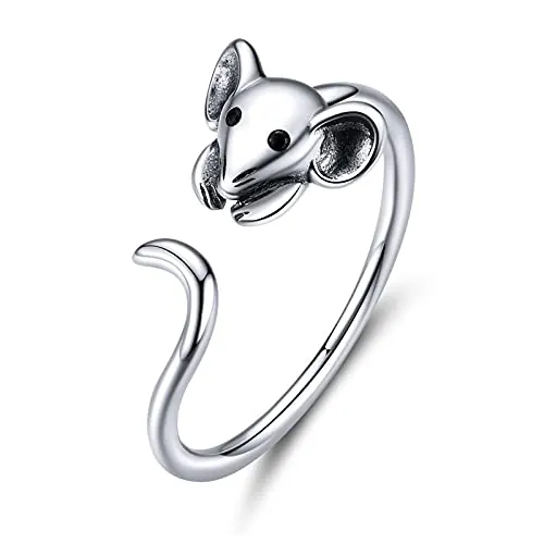 Qings Anillo abierto de plata de ley 925 con diseño de ratón, bonitos anillos ajustables con incrustaciones de circonita cúbica negra para mujeres, adolescentes, niñas, regalo de cumpleaños