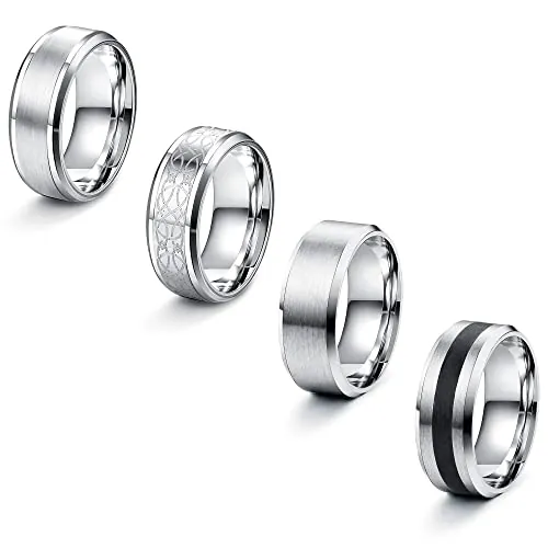 LOLIAS 4 Piezas Anillos Hombre Acero Inoxidable Acabado Plateado Mate Anillos De Banda Anillos De Promesa De Compromiso Vintage para Hombre Mujer 14-30