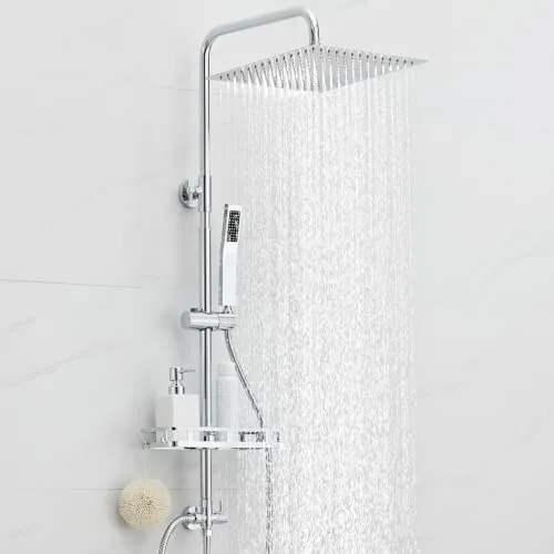 Auralum Columna Ducha Sin Grifo, Rociador de Ducha 30x30cm Acero Inoxidable 304, Alcachofa Ajustable y Estante Sin Taladro, Barra Ducha 62-102cm Compatible Orificios Existentes para Bañera, Cromo