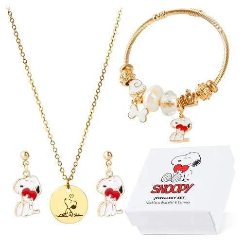 Peanuts Snoopy Conjunto Joyas Mujer y Adolescente - 3 Piezas, Collar, Pulsera y Pendientes