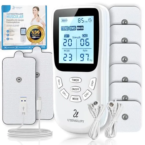 Electroestimulador Muscular UTENSILIFY® 3 EN 1 PREMIUM | 6 Electrodos Para Tens + 2 Electrodos Fisioterapia | 36 Modos + 20 Niveles de Intensidad | Estimulador Muscular | Tens | EMS|Mass (Blanco)