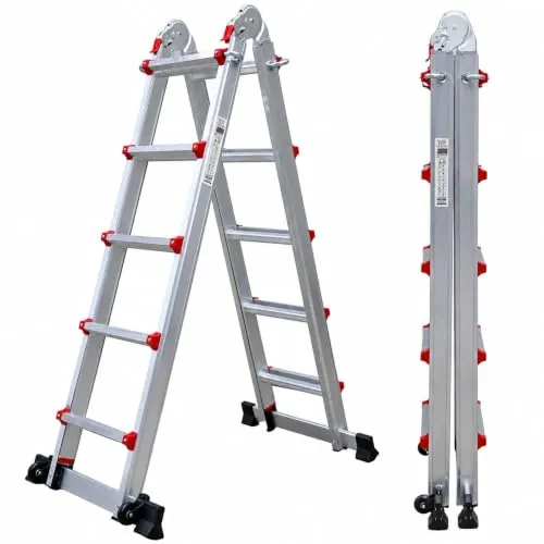 UZIRO Escalera Telescópica Plegable Articulada de Aluminio 4x5, Multiposición Extensibles, 5,22 M, 5 Peldaños, Soporta hasta 150 KG, Plegable y Compacta, con Barra Estabilizadora y Ruedas