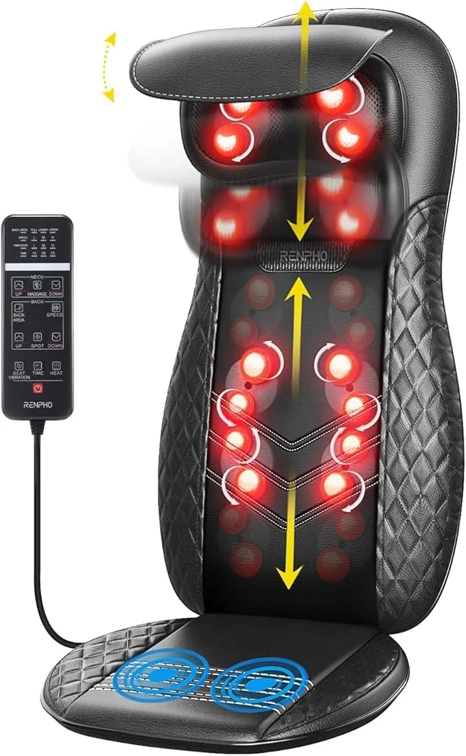 RENPHO Masajeador Espalda Electrico para Silla, Cojín de Masaje, Shiatsu Silla de Masaje con Calor para Toda la Espalda y Cuello, Altura Ajustable, Uso en Casa y Oficina