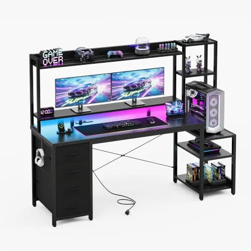 YOUDENOVA Escritorio para videojuegos con cajones y estante, 150 x 48 cm, mesa para videojuegos con LED, enchufe y USB, escritorio para ordenador con soporte para monitor, superficies de