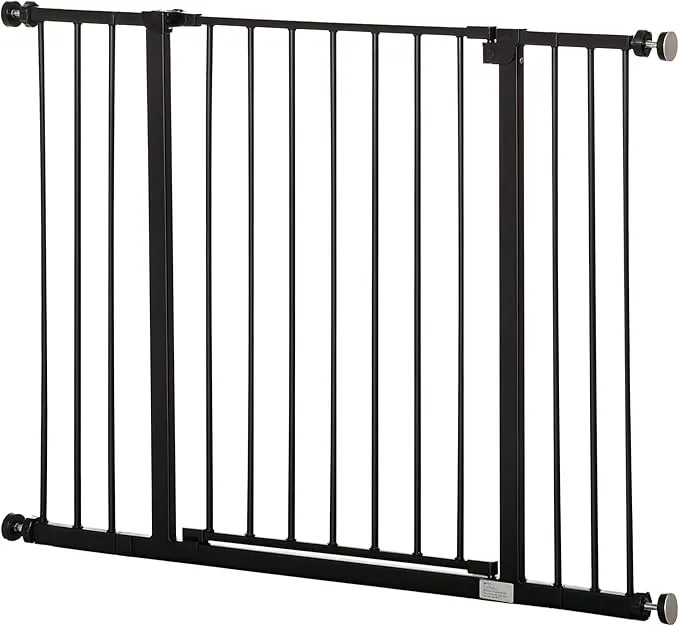 PawHut Barrera de Seguridad Extensible para Puertas y Escaleras para Perros y Bebé, Barrera para Mascotas, Ajuste a Presión, Apertura con Una Sola Mano, 2 Extensiones 15/10 cm, 76-107x76 cm, Negro