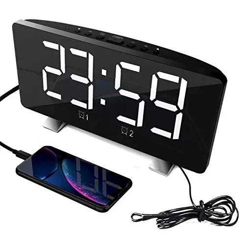 ThreeH Radio Reloj Despertador para Dormitorio con Puertos de Carga USB Dobles 4 Modos de Atenuación Pantalla LED de 7.3 '' Modo de Repetición de 12/24 Horas Función de Repetición Blanco