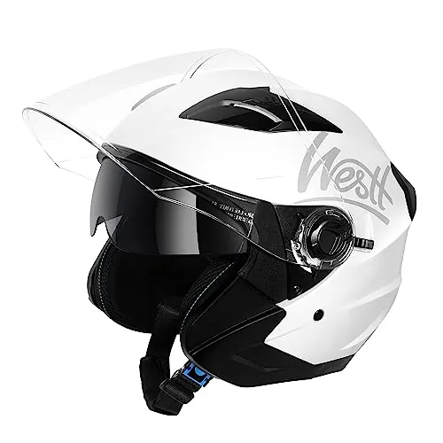 Westt Jet Casco Moto Certificado ECE 22.06 Hombre Mujer Casco de Moto con Doble Visera capacete Casco Jet Scooter Trail, Blanco metálico, S (55-56 cm)