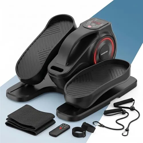 PORTENTUM Mini eliptica electrica con Bandas de Resistencia – Esterilla y cinchas – Pedales estaticos Personas Mayores automático y Manual con 12 velocidades – Pedaleador electrico Motor silencioso