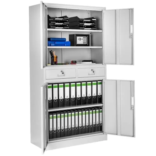 tectake® Armario Archivador Oficina en Acero, Armario Exterior e Interior con Candado Seguridad, Armario Multiusos con 5 Alturas, 4 Puertas, 2 Cajones, 3 Estantes Ajustables, 180x80x40 cm - gris claro