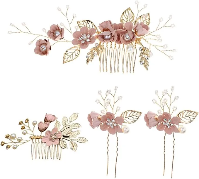 Adornos de Pelo Rosa-Dorado para Bodas - 4 Peinetas con Perlas y Strass, Accesorios de Pelo para Novias y Damas de Honor