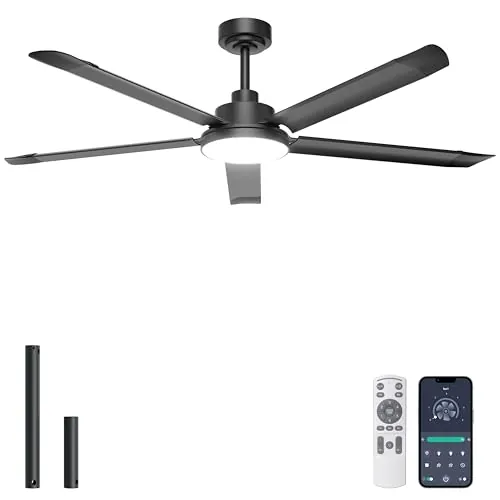 Ohniyou Ventilador de Techo de 152 cm con Luz, Ventiladores de Techo Industrial con Control Remoto/APP, 5 Aspas de Aluminio, Motor DC Silencioso, Ventilador para Salón, Terraza Exterior, Garaje, Negro