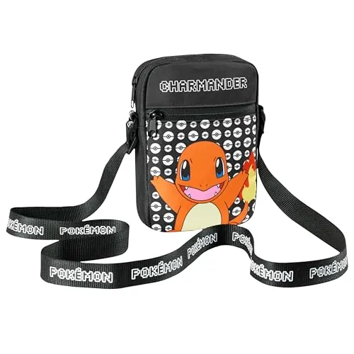 Pokémon Bandolera Niña - Bolso Bandolera con Correa, Bolsas Niña, Bolsa de Hombro Ajustable - Regalos Navidad (Negro Charmander)