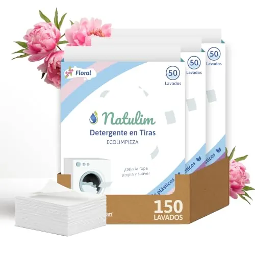 Natulim - Detergente en Tiras para Lavadora (150 Lavados) - Incluye efecto Suavizante, Ecológico, Hipoalergénico, Made in Spain - Ropa limpia y suave sin ensuciar el Planeta (Floral) - 3 Pack