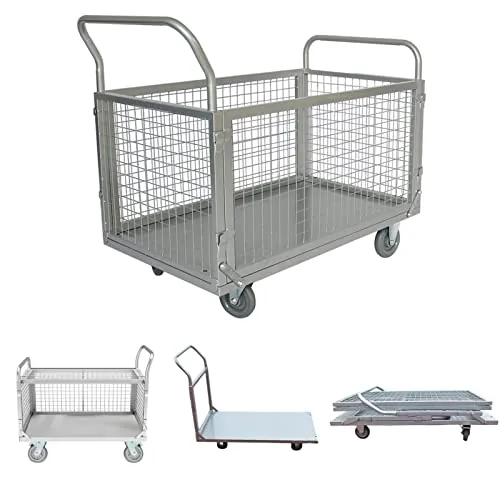 Carretilla de Carga Plegable 4 en 1 con Freno de Bloqueo，BAI You Mei Carro de Plataforma/Rejilla Multiusos con Laterales Desmontables para Almacén Industrial Carga y Equipaje, 100x60cm