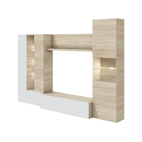 Habitdesign Salón Compacto 260, Mueble televisión, Modelo Essential, Acabado Roble Canadian y Blanco Brillo, Medidas: 185 cm (Alto) x 260 cm (Ancho) x 42 cm (Fondo)