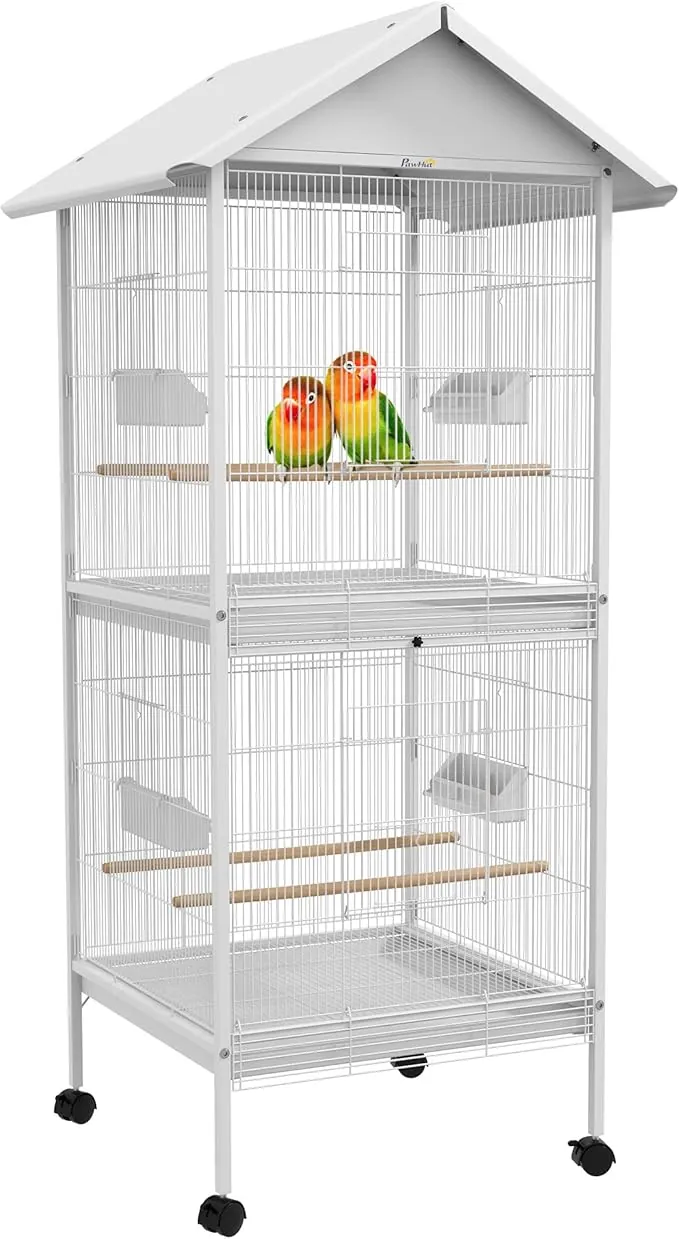 PawHut Jaula para Pájaros Grande de 2 Pisos Convertible en Sola Jaula con Ruedas 4 Comederos 4 Perchas y Bandejas Extraíbles para Canarios Loros 78x75x168 cm Blanco