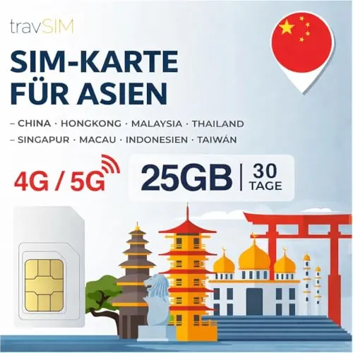 Tarjeta SIM Asia travSIM | 30 días - 25 GB | SIM Asia, Uso en Macao, China, Hong Kong, Malasia, Tailandia, Singapur y más | Acceso a Google, Facebook, Whatsapp y más | Sin costes de itinerancia