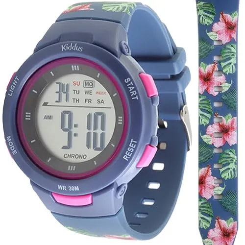 KIDDUS Reloj Digital para niñas y niños. Con cronómetro, calendario, despertador y luz. Resistente al agua. Deportivo, luminoso, de pulsera, LED. De 3 a 12 años. Flores tropical