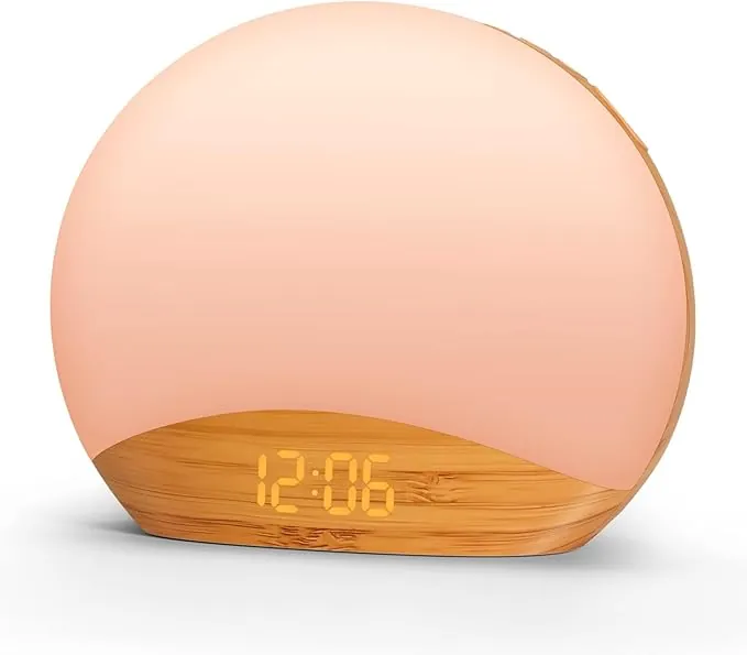 REACHER Madera Grano Sunrise Luz Despertador Luz Nocturna y Máquina de Sonido, Reloj Digital Regulable para Dormitorio, 26 Sonidos de Dormir, Máquina de Ruido Blanco para Bebé, Adulto, Despertador de