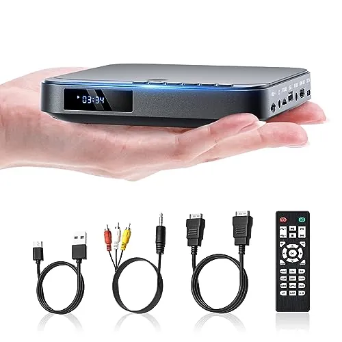 DESOBRY Mini Reproductor de DVD para TV, Portátil HD 1080P para Smart TV, Todas Las Regiones, Cable HDMI/AV, USB/TF, Control Remoto, Compatible Con PAL/NTSC