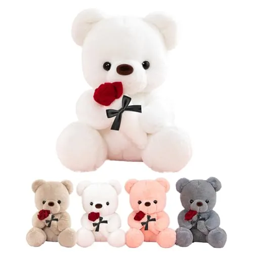 LIHIQIYA Oso de Peluche con Rosa Regalos Navidad Ideas Mujer 25cm Blanco