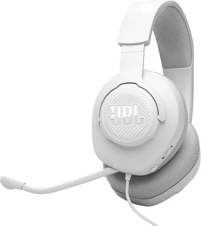 JBL Quantum 100M2 cascos circumaurales para gaming, JBL QuantumSOUND Signature, cable de audio de 3.5 mm, compatibles con múltiples plataformas, micrófono desmontable, función de silencio, blanco