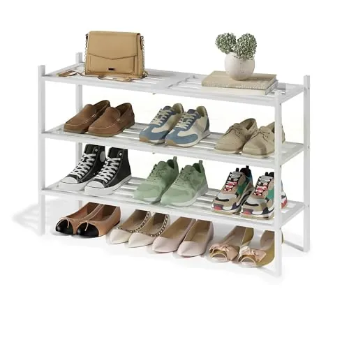 SONGMICS Zapatero, Estrecho, Bambú, 3 Niveles, Apilable, Blanco
