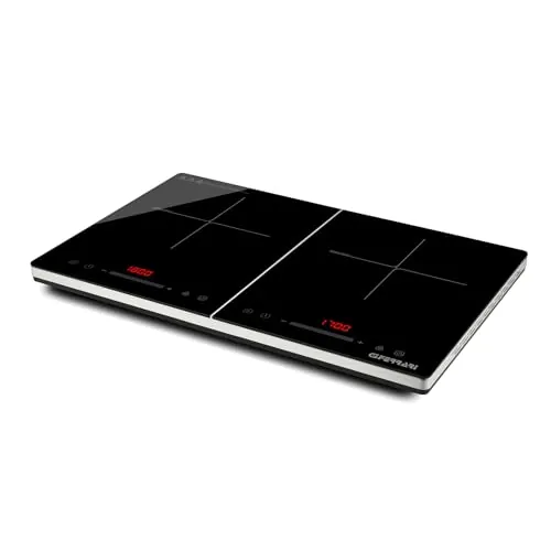 G3 Ferrari G10209 Energiko Duo Hornillo de inducción doble, 1800 W + 1700 W, Temporizador, pantalla digital, Apto para ollas de 12 cm a 26 cm, Fácil de limpiar, Negro