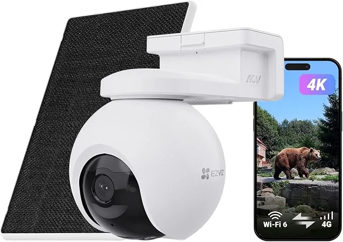 EZVIZ 4K Camara Vigilancia Exterior 4G WiFi Dual de Batería con Solar, 360° PTZ con AOV, Detección de Animal Salvaje/Persona/Vehículo, Visión Nocturna, Seguimiento con Zoom, EB8 Pro 4G+Panel Solar 8W