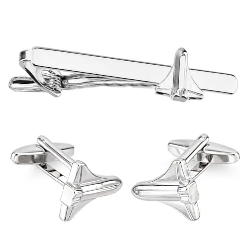 SuperFindings - Juego de gemelos y pinza para corbata para hombre, 2 gemelos de avión con 1 pinza de corbata Novelty Pasador de corbata de avión