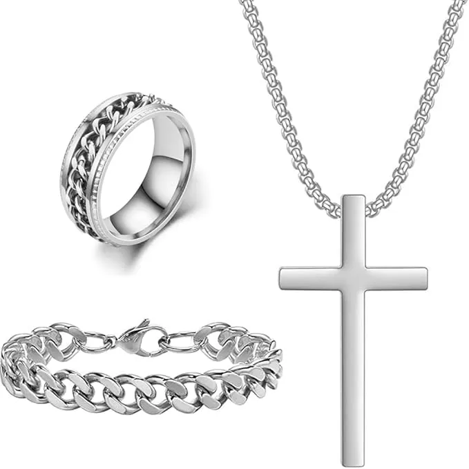 Collar Cruz Hombre, Hombres Cruz Collar Pulsera Anillo Set, Pulsera Cubana, Regalos para Hombres Cumpleaños Navidad, para Hombre y Niños