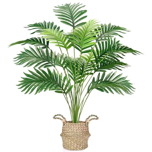 Der Rose Palmera falsa de 28 pulgadas, planta artificial de suelo con cesta tejida bohemia