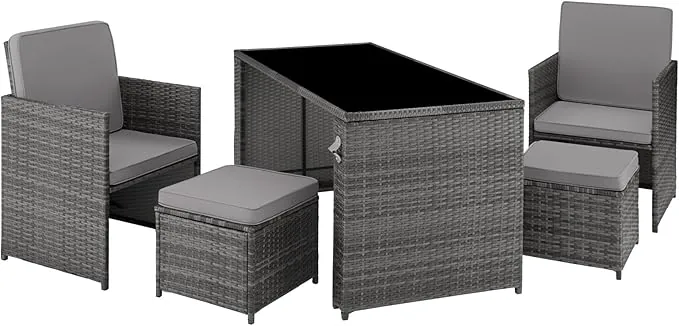 tectake® Conjunto Jardín Exterior de Ratán y Acero, Muebles Jardín Exterior Resistente a la Intemperie, 2 Sillones Plegables, 2 Taburetes, 1 Mesa con Cristal, con Cojines y Abrebotellas - Gris