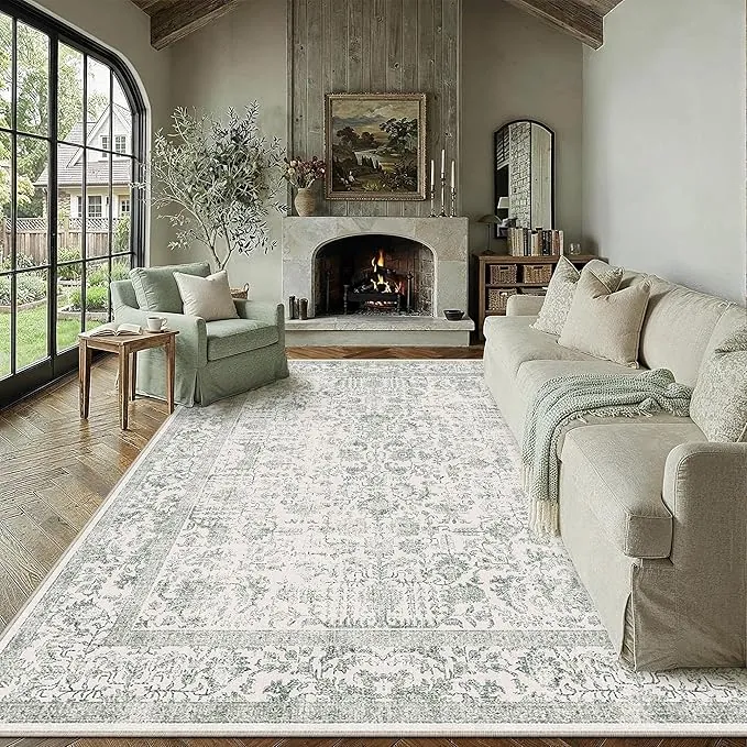 HUGEAR Vintage Alfombra Salon 200x300cm Verde Antideslizante Alfombras Lavables en Lavadora Tapetes para Sala Habitacion Dormitorio Comedor Grande Tapete Pelo Corto tapete Quarto
