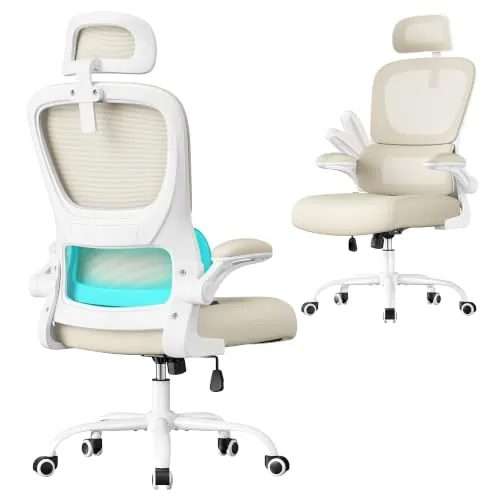 SONGMICS Silla de Oficina Ergonómica, Tela de Malla de Doble Capa | Transpirable, Soporte Lumbar Adaptable, Reposacabezas Ajustables, Beige Arena, Colección KIME OBN041L01