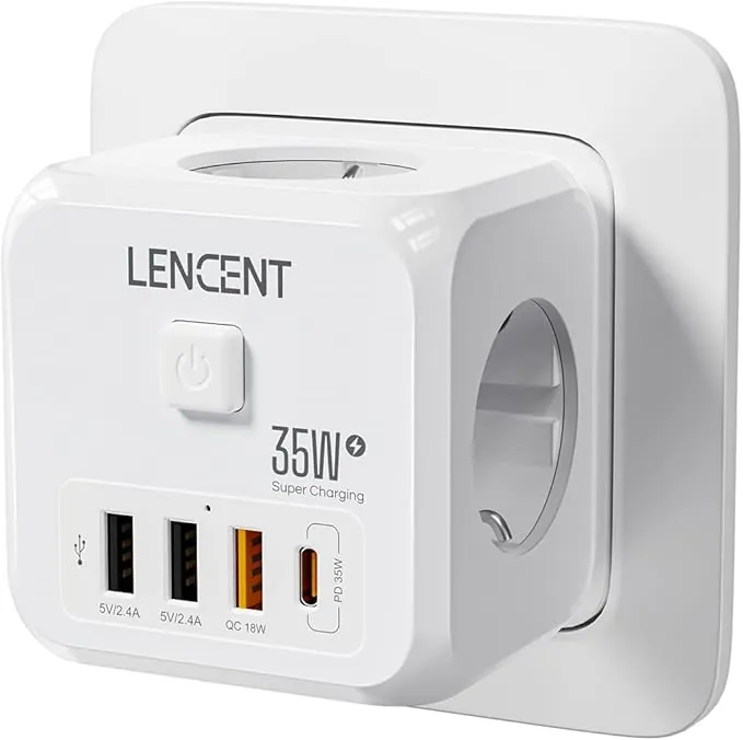 LENCENT Enchufe USB Cubo con Carga Rápida PD35W, Ladron Enchufe 4000W con 3 Tomas de CA, 3 USB y 1 PD35W, Cubo Enchufe Multiple Pared con Interruptor, Cargador USB para Familia, Cocina y Oficina