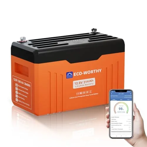 ECO-WORTHY 12V 314Ah Bateria LiFePO4 EnergyTrekcon Bluetooth, Indicador LED