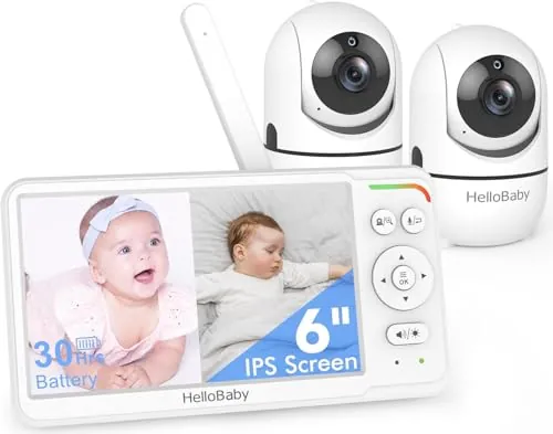 HelloBaby Cámara Vigilancia Bebé 6" Pantalla Dividida sin WiFi y 2 Cámaras | Batería de 30 Horas,Rotación 355°，2 Vías Audio,Alerta de Temperatura，Canciones de Cuna，Modo ECO，Portátil para Viajar