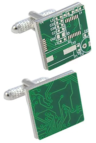 Gemelos Camisa Hombre Verde - Con Caja - Gemelos para Camisas - Placa de Circuito - Latón - Computadora Tecnología - Color Verde y Plata - Un Par